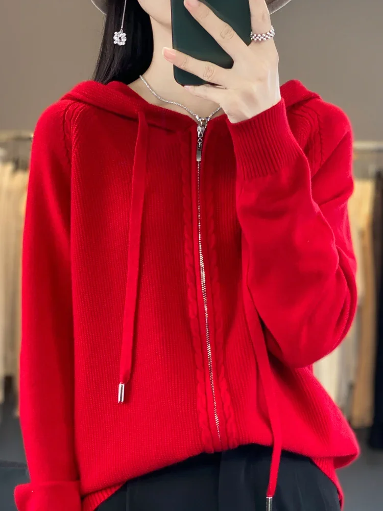 2024 autumn and winter hooded cardigan women\'s knitted top loose sweater casual solid color double zipper cardigan top