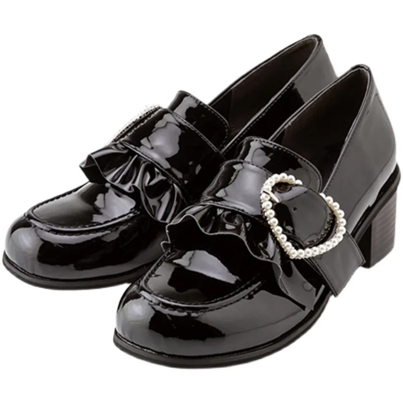 Dophee Original Japan Style Cute Pearl Love Women Shoes Lolita Girls School Black Patent Pumps Round Toe Gothic Mary Jane Shoe