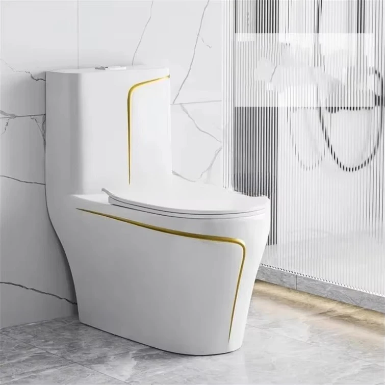 2025 Sanitarios Inodoros Wc Gold Line Design Bathroom Ceramic One-Piece Gold White Colored Toilets Bowl Toilet Bowl for Bathroom