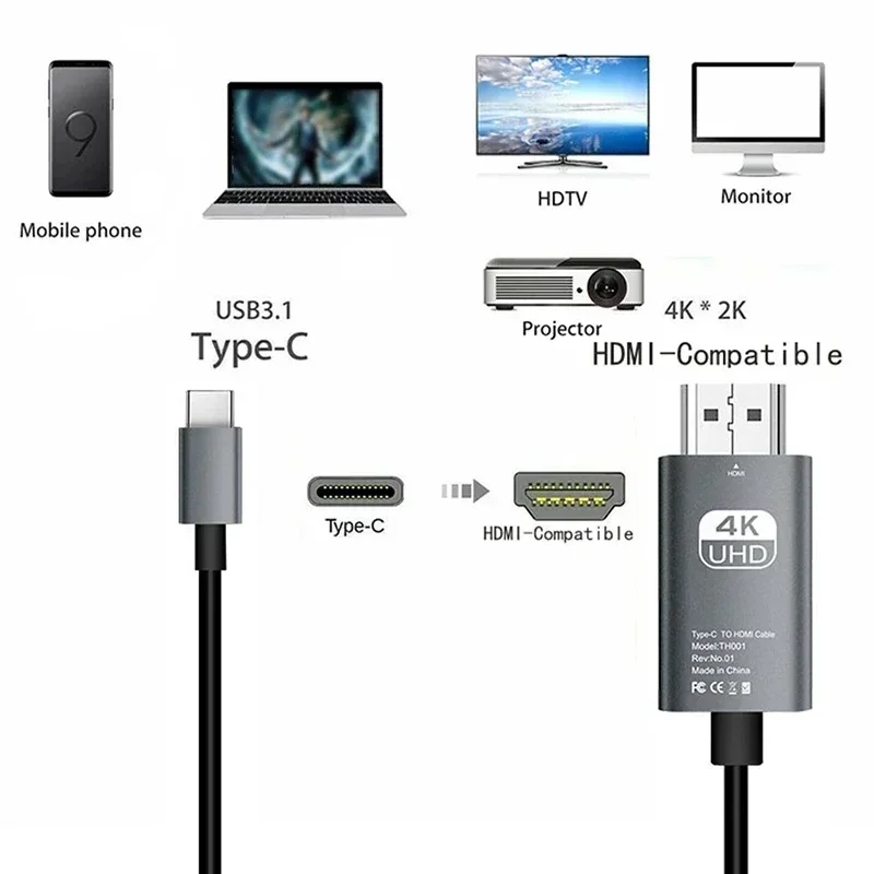 HDビデオ変換ケーブル,4k,30hz,60hz,タイプCからHDMI,同じ画面,テレビ,コンピューター,2メートル