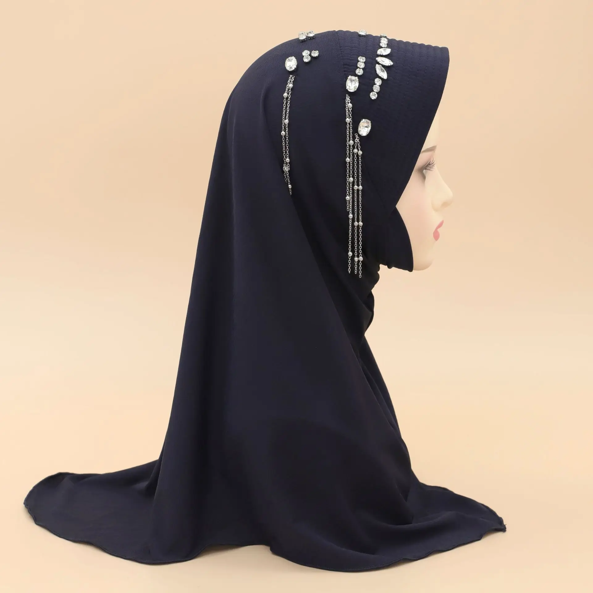 

High Quality Muslim Amira Hijab with Rhinestones Pull On Islamic Scarf Head Wrap Pray Scarves Ramadhan Hijabs Women Islamic Hat
