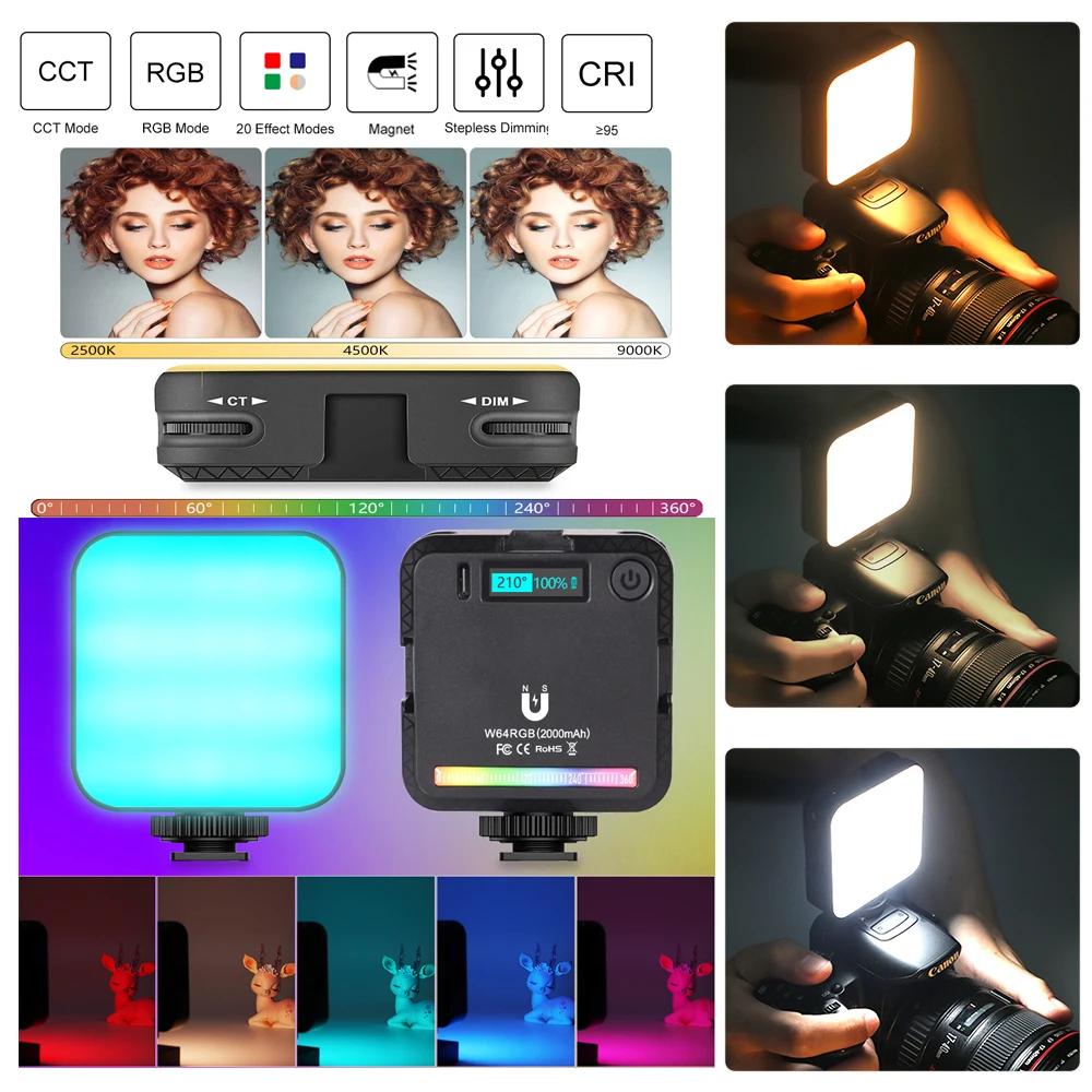 

W64RGB Video Light Portable Photography Camera 2500K-9000K lighting Cold Shoe 20 Color Adjustment for Camera Phone Selfie Live