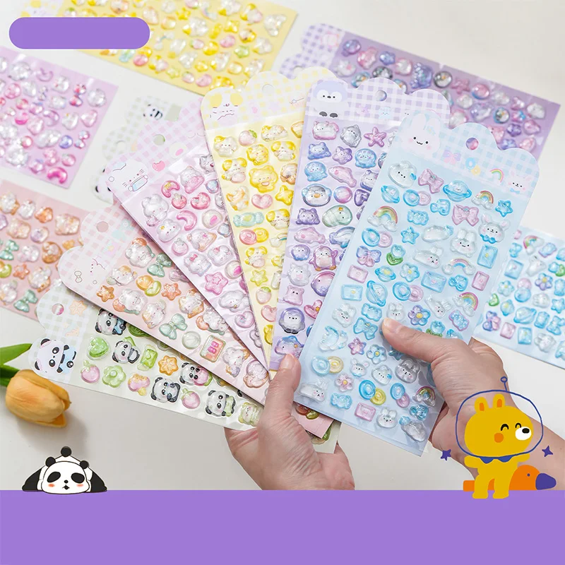 Cute Cartoon Animal 3D Solid Clear Crystal Embossed Stickers for DIY Scrapbook Phone Case Decoration Birthday Gift Reward