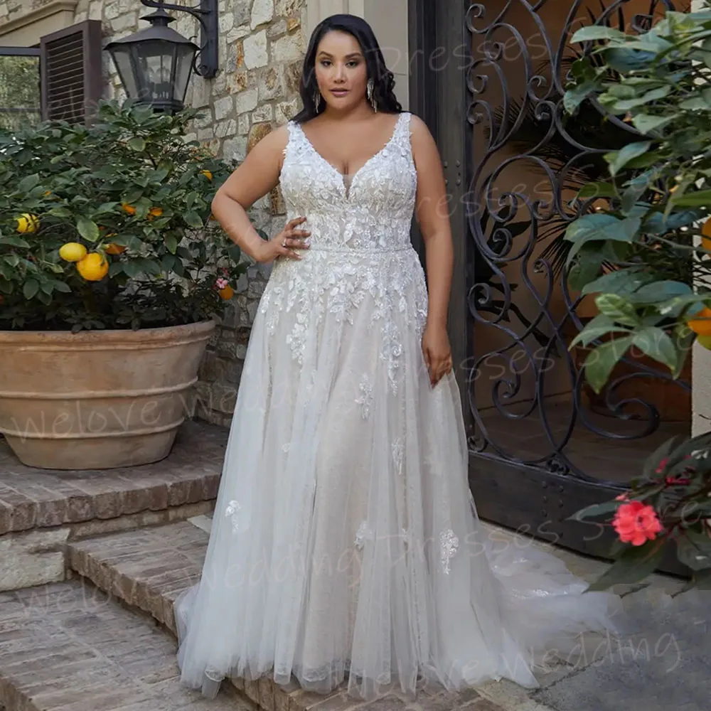 Luxuriöse A-Linie Brautkleider für Damen, V-Ausschnitt, Spitze, Applikationen, Vestidos De Novia, individuelle Brautkleider, rückenfrei, Hochzeitskleid