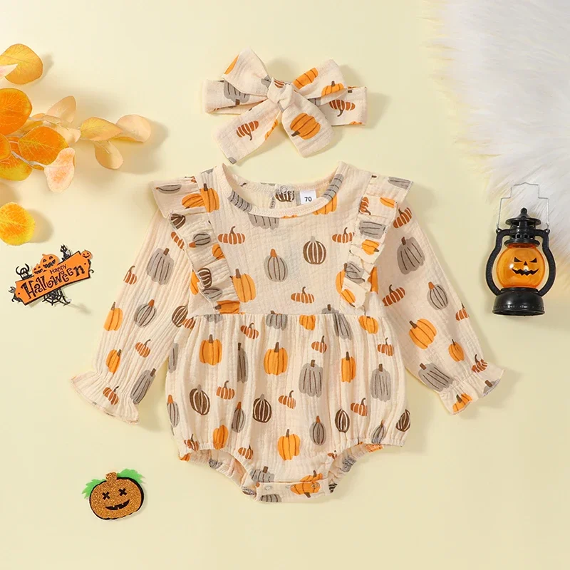 

0-18M Fashion Newborn Baby Girls Halloween Rompers Pumpkin Print Ruffled Long Sleeve Casual Jumpsuits Headband Outfits