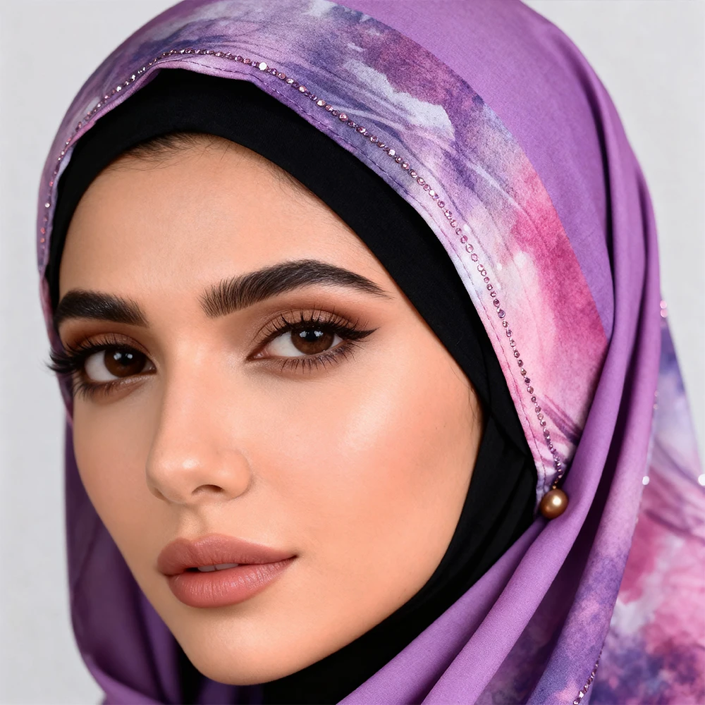 

Шелковистый гладкий шифоновый арабский шарф для женщин — фиолетовый цветочный принт с хрустальными акцентами, легкая и элегантная вуаль2532