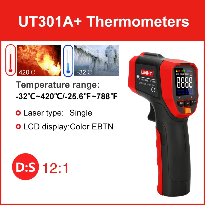 UNI-T Contactloze infrarood laserthermometer HD-kleurenscherm Industriële temperatuurmeting UT301A+ UT301C+ IR-pistool UT303C+