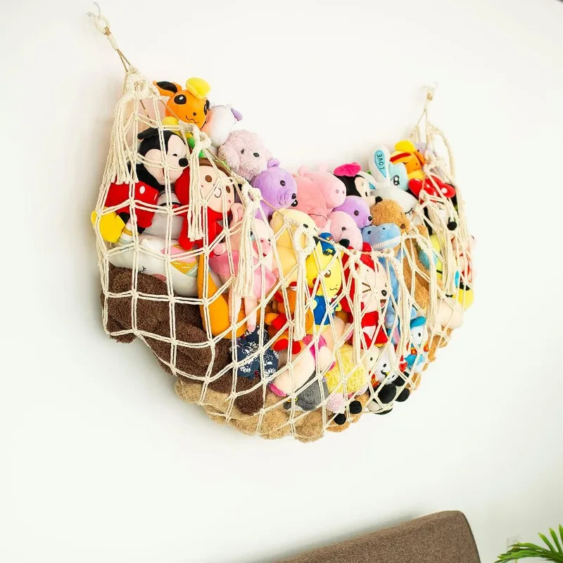 Plush Toy Wall Hanging Net with Tassels Bohemian Hanging Net Handmade Cotton Rope Kids Doll Hammock Organizer Nursery Playroom