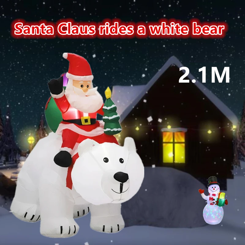 

Санта-Клаус ездит на Полярном медведе 2,1 м, светодиодная лампа, надувная игрушка, кукла для дома и улицы, украшение для сада, Рождественское украшение