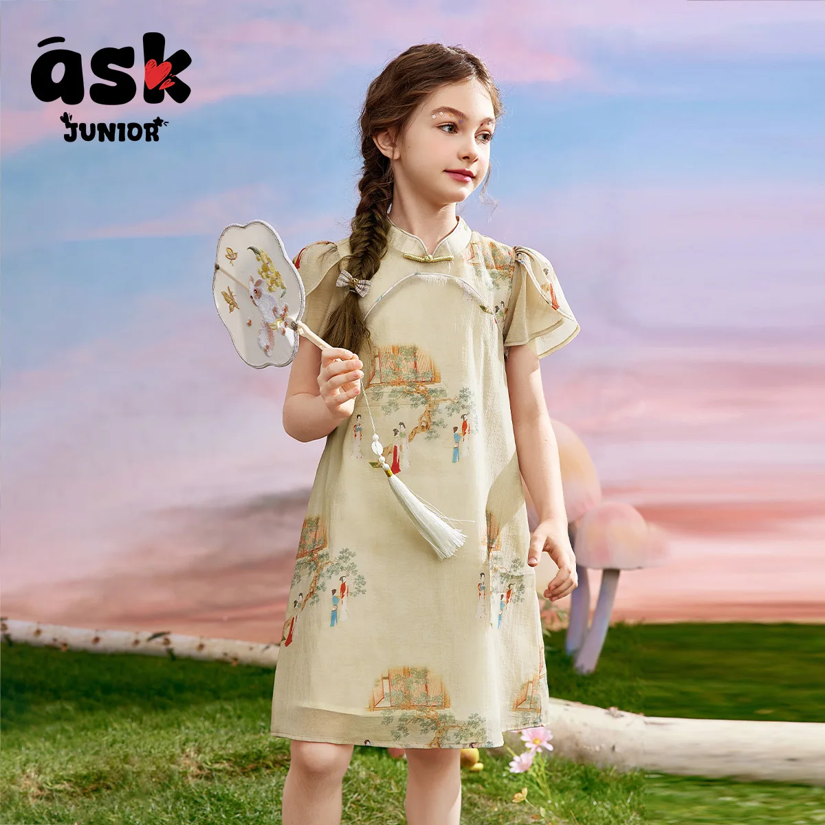 ASK JUNIOR ملابس صيفية للفتيات فستان شيونغسام صيني جديد مطبوع عتيقًا على الطراز الوطني #4