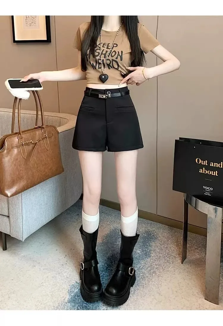 Anzugshorts, Stiefelhosen, Damen-Sommerhosen mit hoher Taille, lockere Passform, figurformend, weites Bein, „Spicy Girl“-Stil, A-Linien-Shorts, für kleinere Statur. – Detail 12