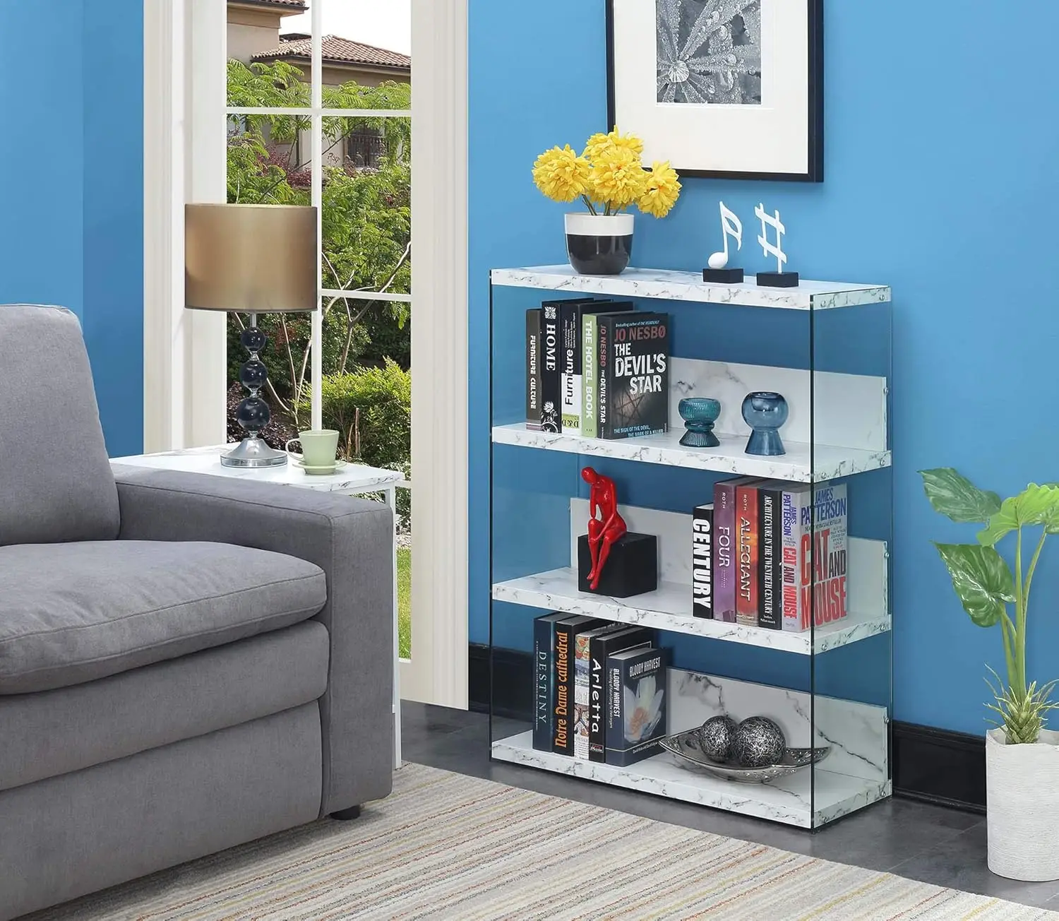 Soho Console Table/Desk, Faux White Marble & Soho 4 Tier Wide Bookcase, White Faux Marble