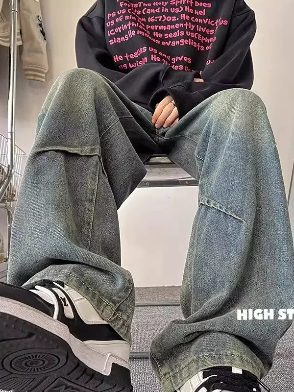 

Мужские джинсы Haome большого размера 300 Pou, в американском ретро-стиле, повседневные, осенние, модные, брендовые, состаренные, прямые, длинные брюки