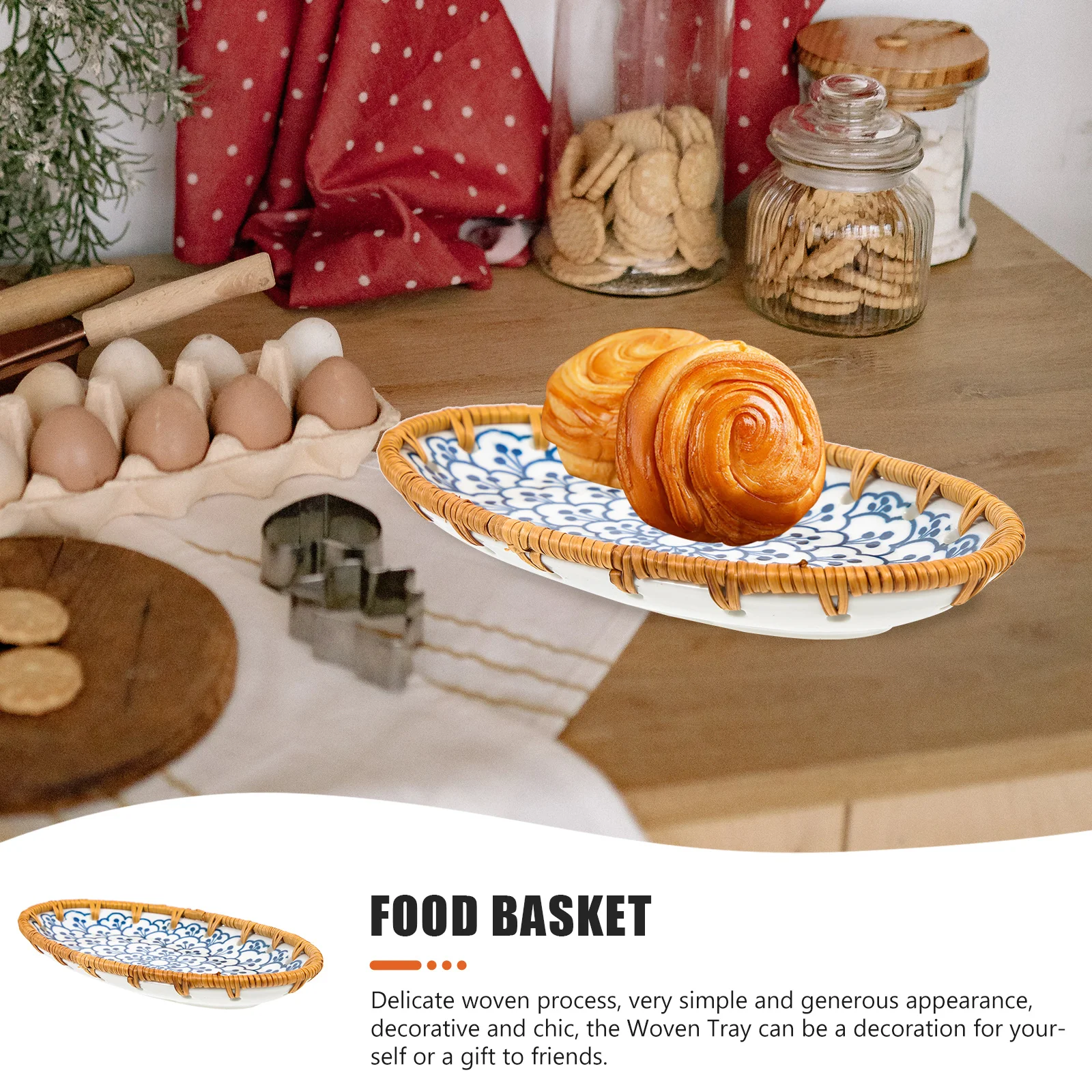 

Ceramic Plate Woven Tray Lightweight Snack Basket Fruit Arrangement Tray Portable Food Storage Holder Woven Basket