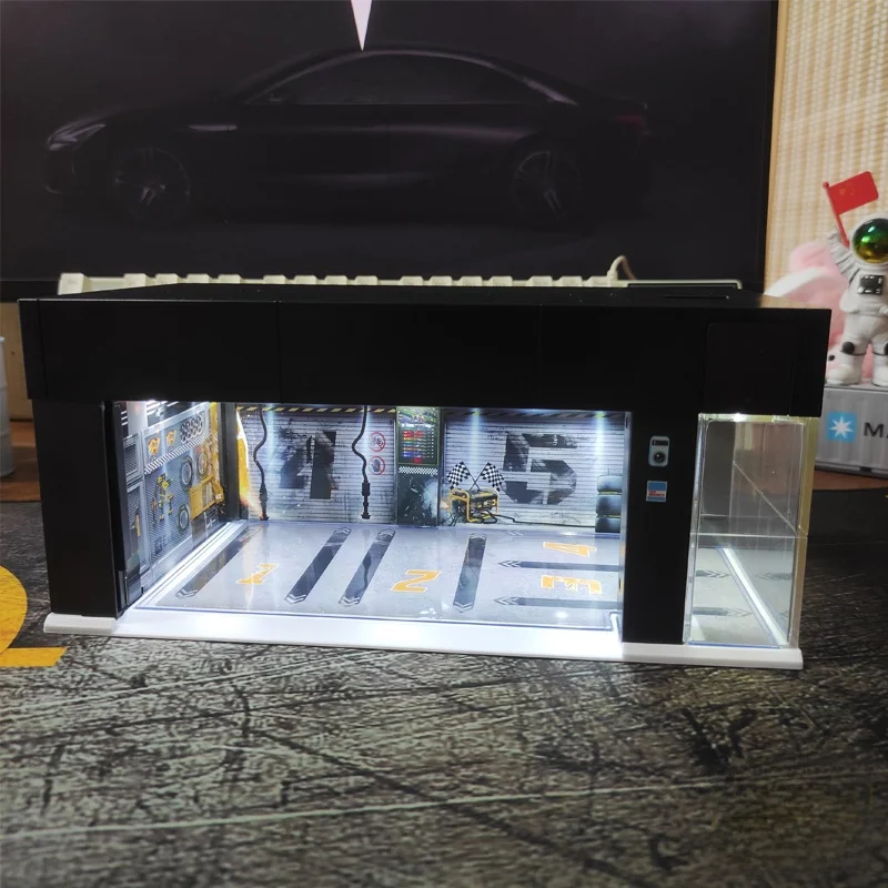 

:64 Sc Gate Garage Model Display Case Lighting Car Parking Garage Toy Collectible Alloy Vehicle Static Model