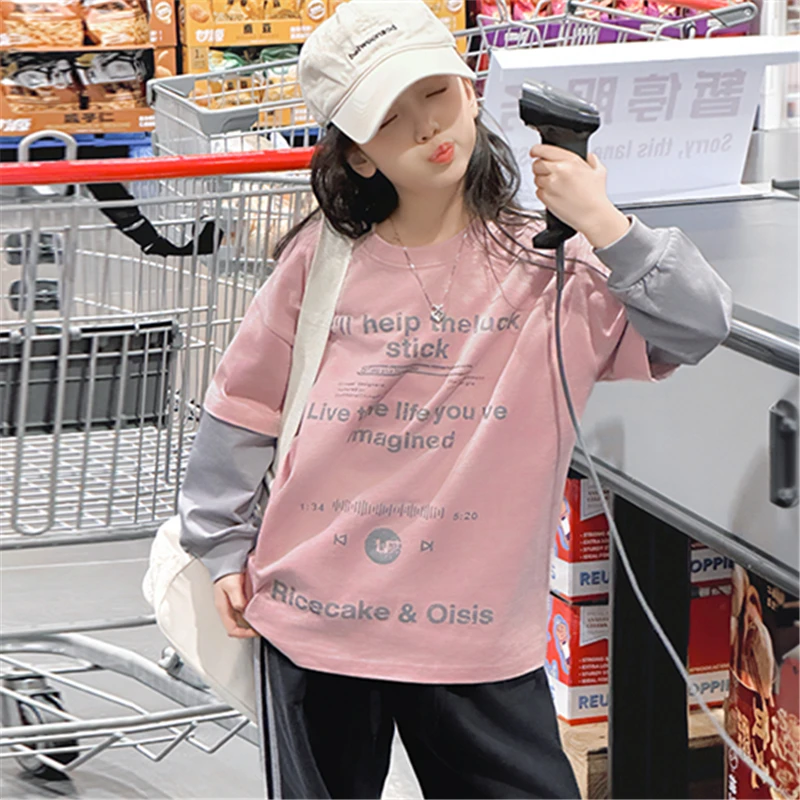 

Autumn Children Fake Two Piece Sweatshirt with Letters for Girls Fashion Long-sleeved Pullovers Tops Kids Casual Outfit Clothing