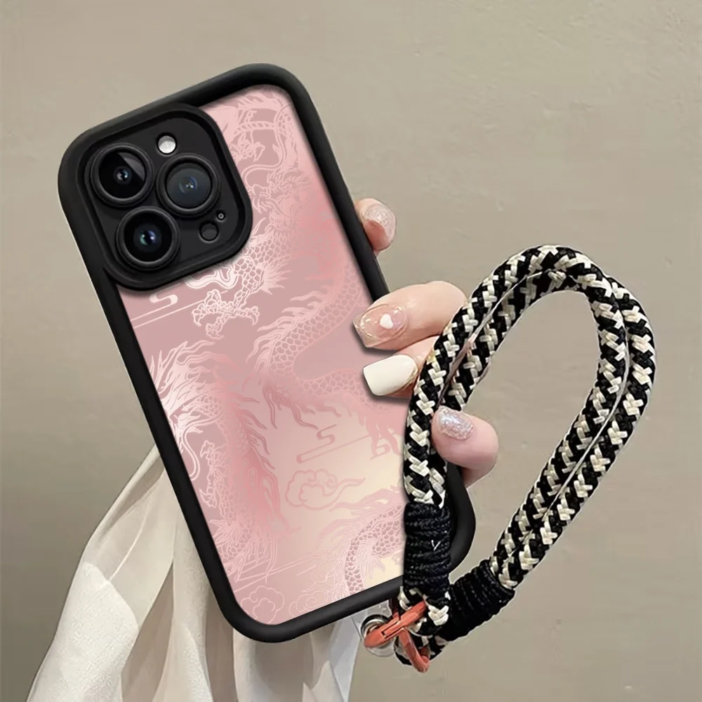 Funda de silicona mate a prueba de golpes con patrón de dragón blanco pálido y correa para iPhone 13 14 15 16 17 Pro Max 15 14 Plus 17E