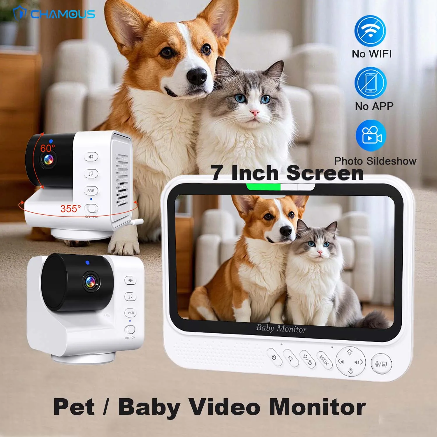 

Радионяня, 7-дюймовый экран дисплея, зум, внутренний монитор для домашних животных, 2 шт., камера безопасности, видеонаблюдение с датчиком температуры, колыбельная