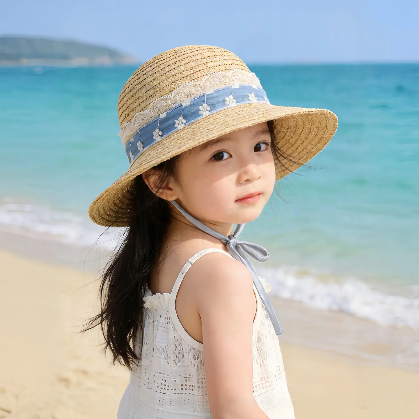 Sommerlicher Retro-Sonnenhut aus dünnem Stroh, stilvoll geformt, UV-Schutz, Strandmütze für Babys, Mädchen, Outdoor-Reisen – Detail 7