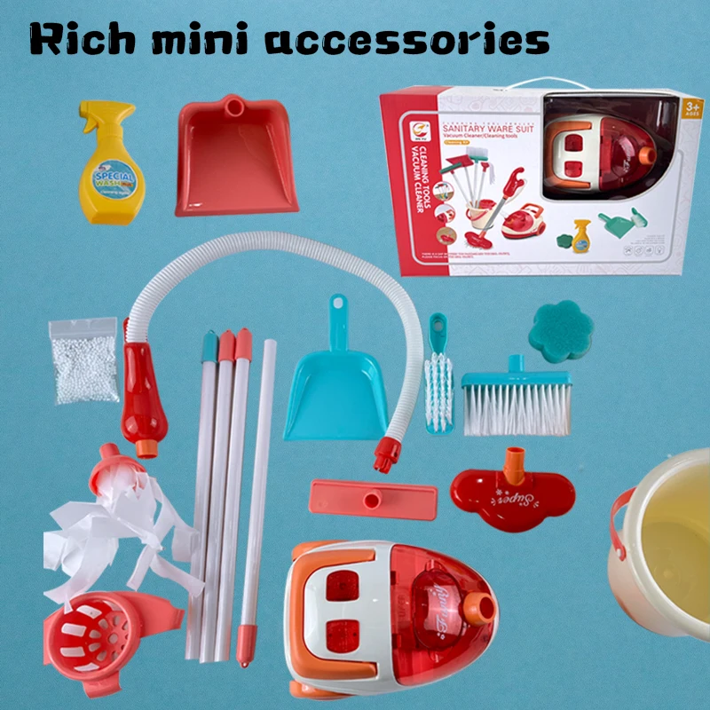 Wózek do sprzątania dla dzieci z odkurzaczem, mopem, miotłą, szczotką, butelką z rozpylaczem, gąbką i zbieraczem śmieci - zabawna zabawka dla dzieci w wieku 3+