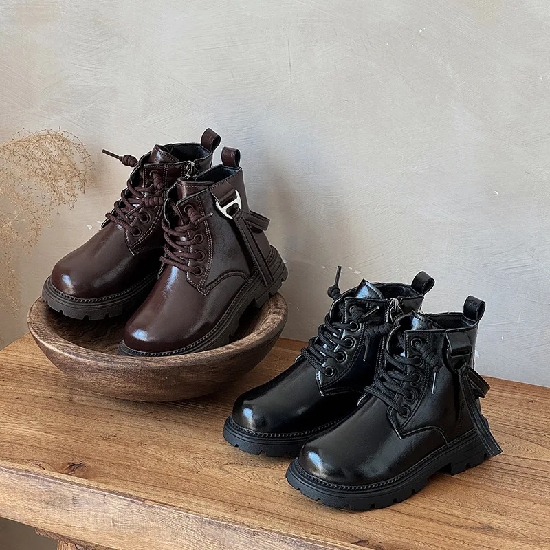 الفتيات البريطانية أحذية بوت قصيرة جديد الشتاء الخريف الأطفال أسود براون بولي Leather الجلود الكاحل الأحذية حجم 26-36