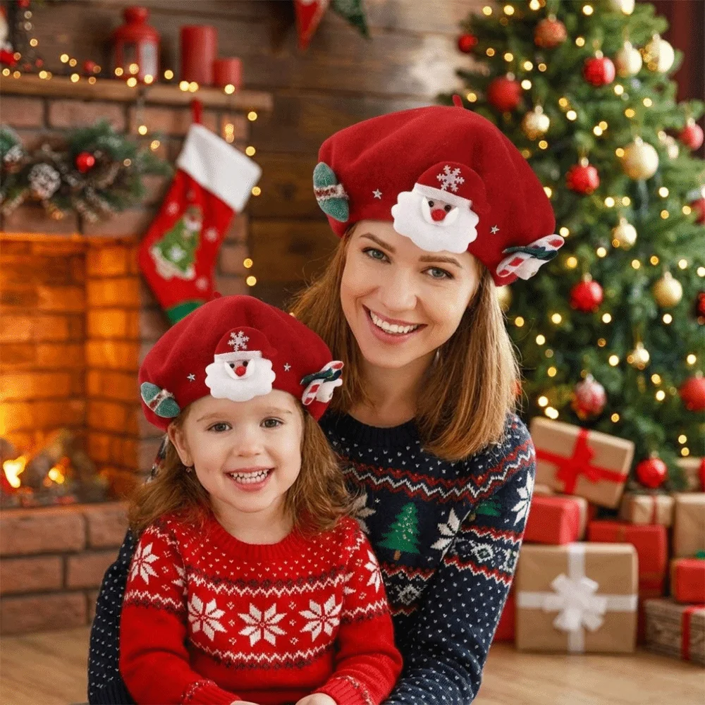 Fashion Solid Color Christmas Beret Star Christmas Tree Santa Claus Beret Octagonal Hat Warm Xmas Painter Hat Children