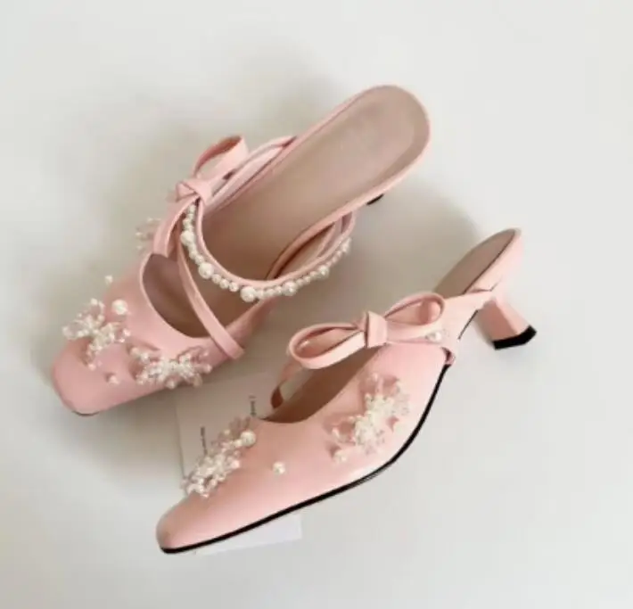 Pearl beadings bow Side Strap Slipper Sandals Close Toe Slingback Catwalk Kitten Heels Party Shoes image 6