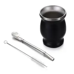 8oz Yerba Mate Gourd Set Easy to Clean Black Stainless Steel Cup Straw Cleaning Brush