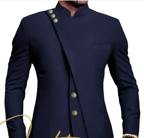 2024 African Style Stand Collar Male Navy Blue Groom Tuxedos For Wedding Costume Groomsmen Best Man Slim Fit 2 Piece Blazer Pant