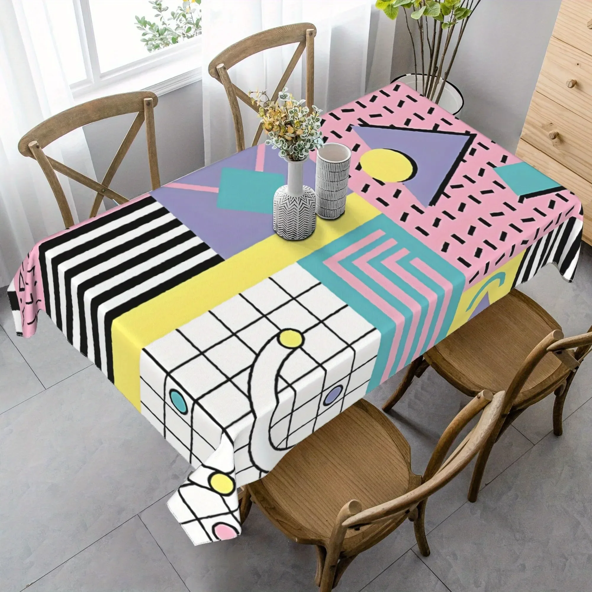 fOne vibrant Memphis-style geometric pattern tablecloth - instantly transform your dining tablezyc