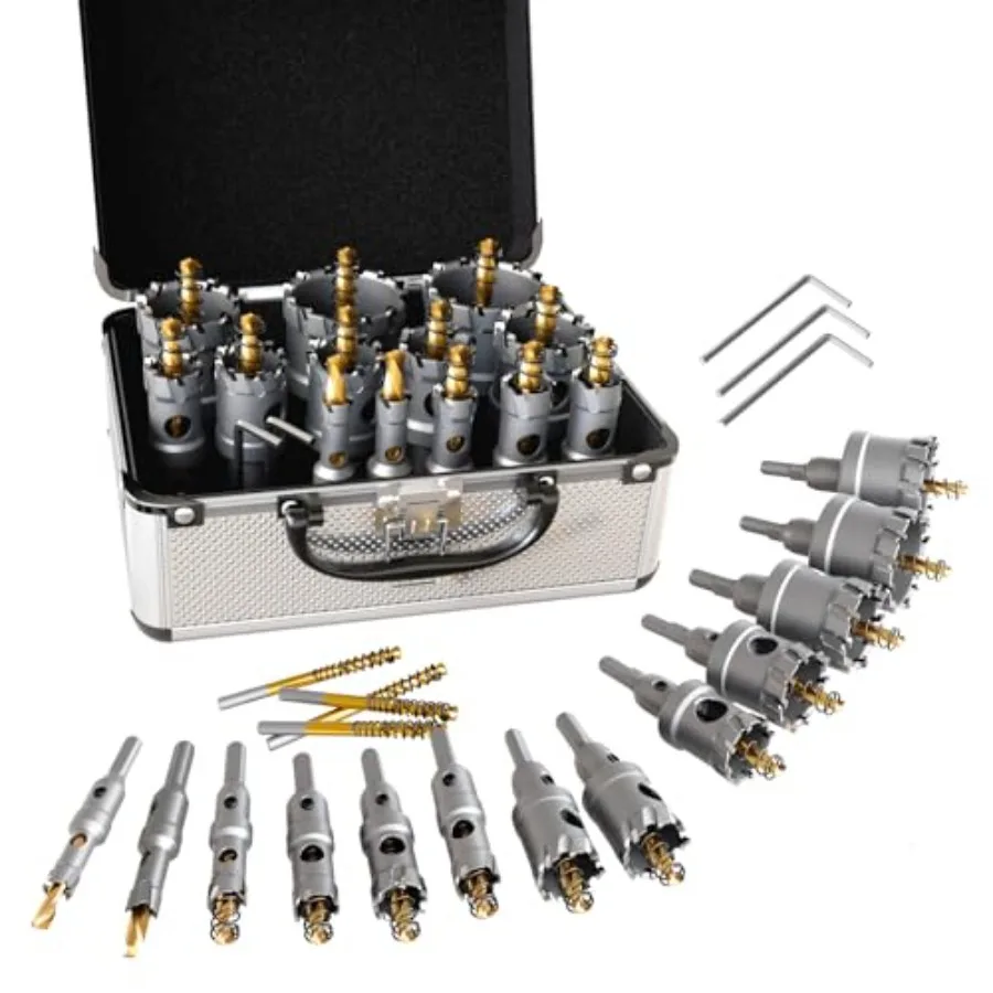 

Carbide Hole Saw Metal Steel Hole Saw Drill Bit Set Heavy Duty TCT Cutter with Titanium Center and L-Wrench for Metal Iron Stai