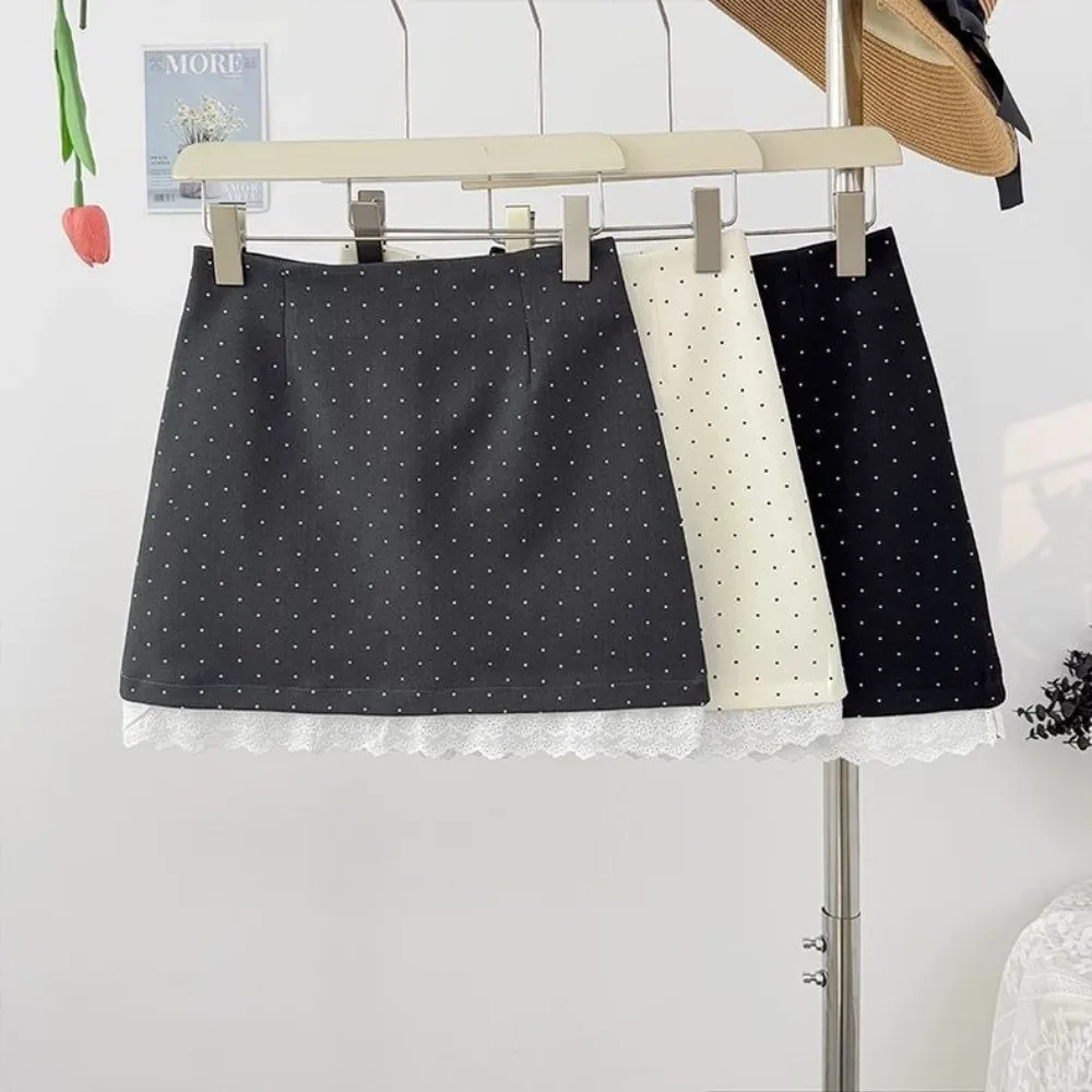Sweet Elegant Mini Skirt Lace Ruffles High Waist Lace Skirt Polka Dot Pattern Retro Style Polka Dot Skirt Women Summer Wear