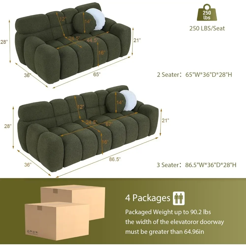 2 Piece Boucle Sofa Couch Set, Comfy Upholstered Sherpa Deep Seat Cloud Couch and Loveseat, Modern Tufted 3 Seater and 2 Seater