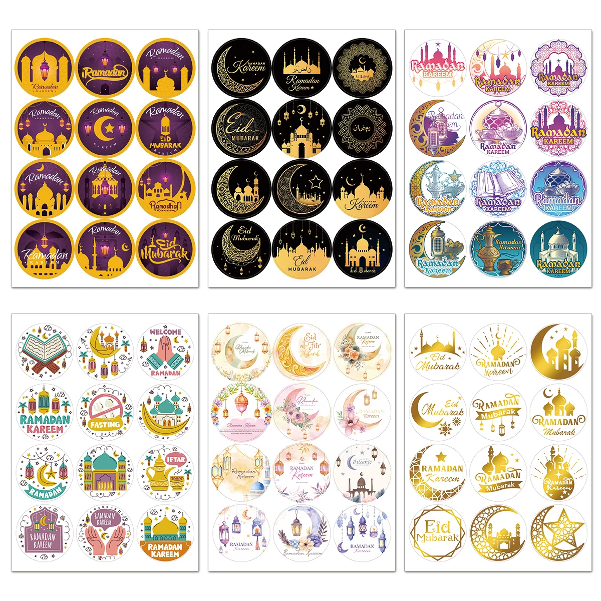 6 Blatt Ramadan-Aufkleber, islamische dekorative Kunstetiketten für Eid Mubarak, Geschenkverpackung, Scrapbooking, Planer, Aufkleber für Wasserflaschen