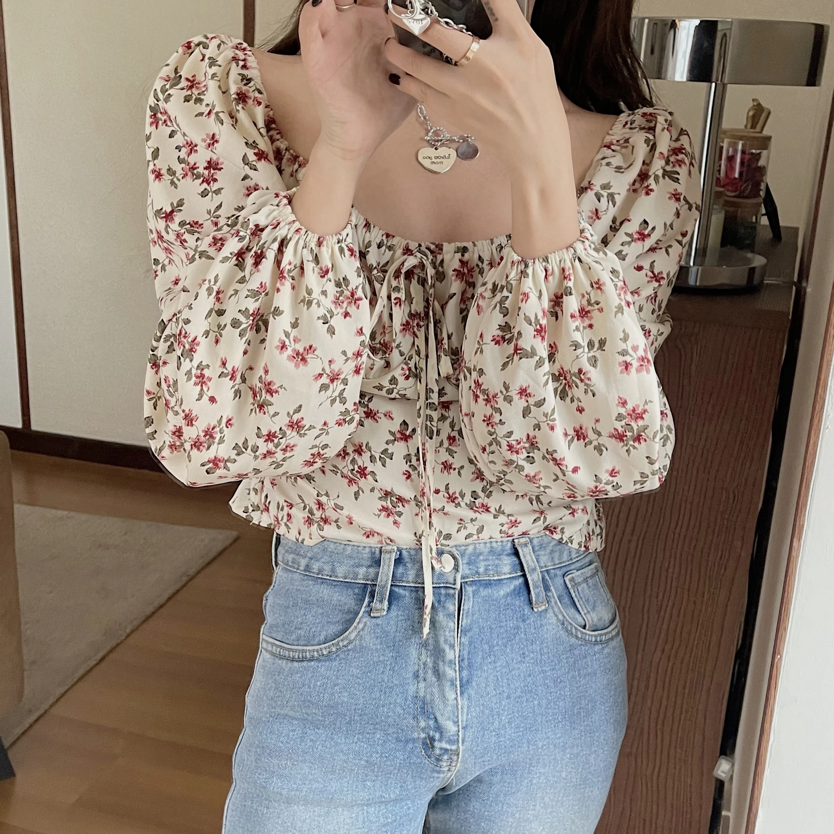 Floral Print Chiffon Shirt Women's Slim Fit Bubble Sleeve Square Collar Short Length Top Spring Autumn Season Fashion Ladies'...