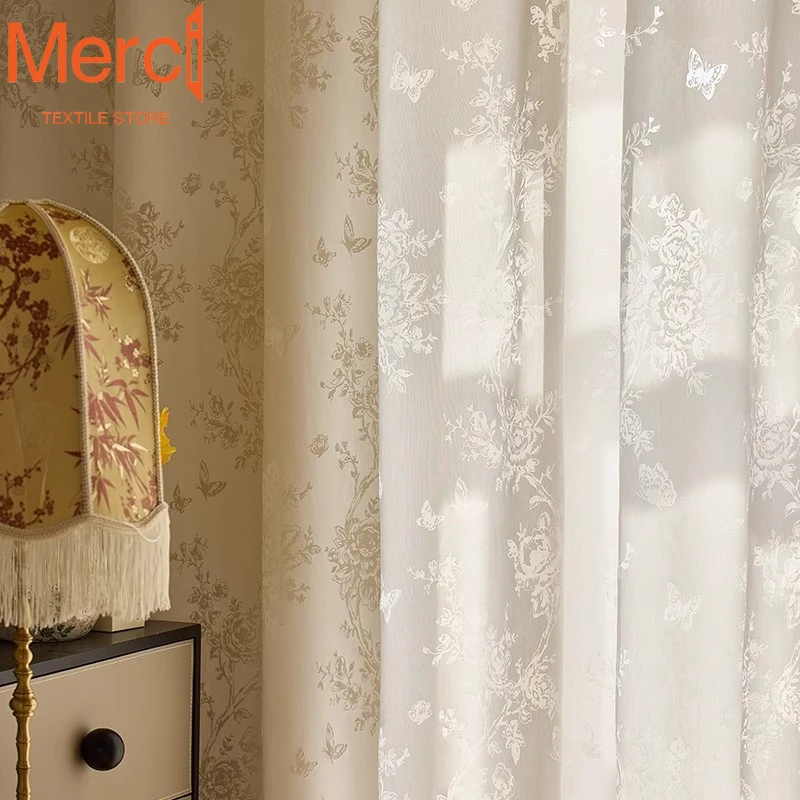 

2024 New Butterfly Gauze Cream French Light Luxury Window Screen Transparent Jacquard Curtains for Living Dining Room Bedroom