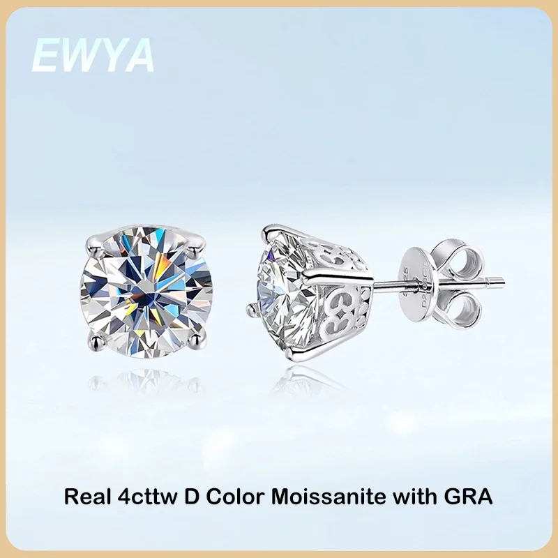 

EWYA GRA Certified 2CT 8mm D Color Moissanite Stud Earrings For Women Party Wedding 4 Prong S925 Silver Earring Ear Studs Gift