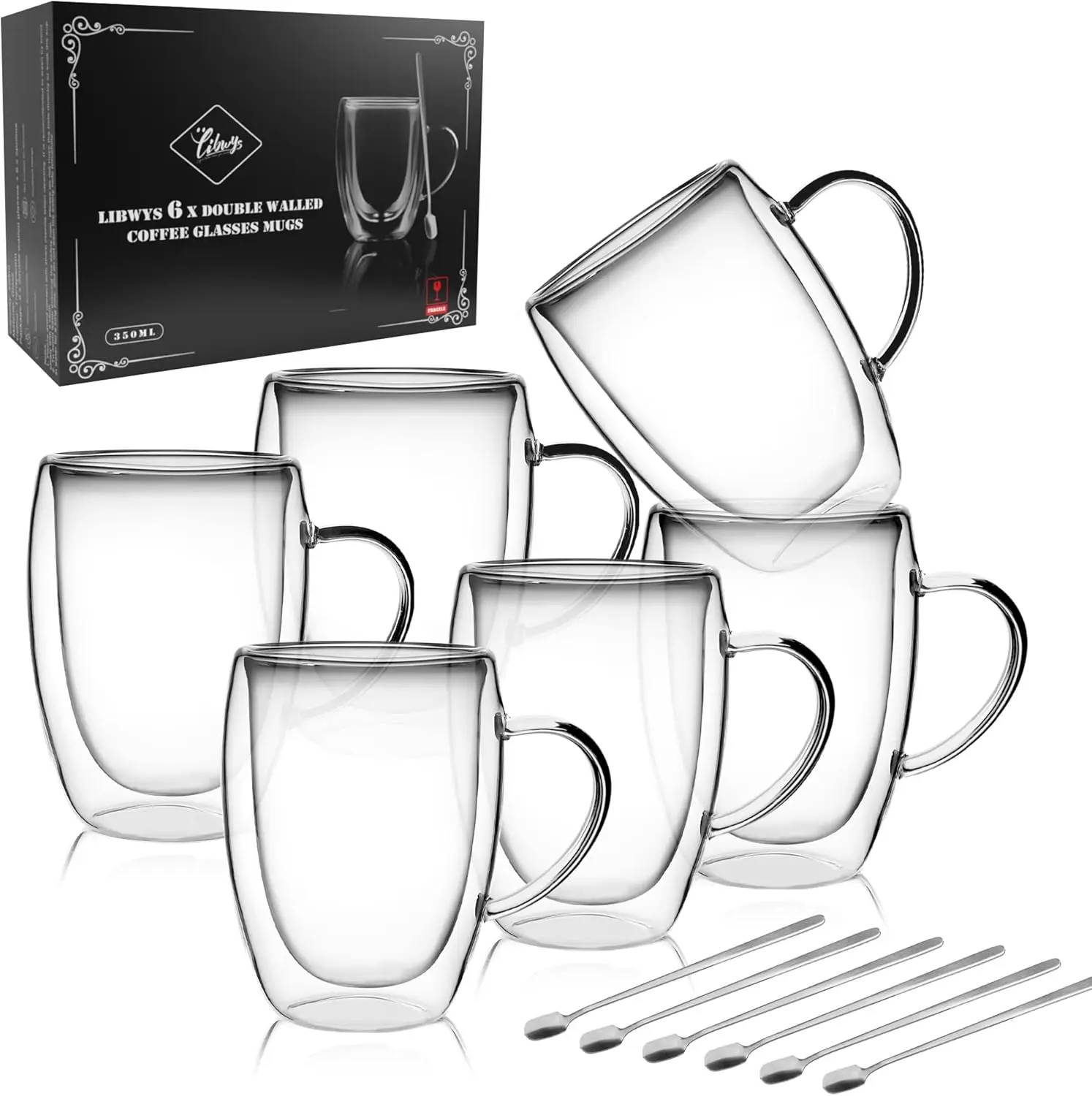 

6 Pack Double Walled Coffee Cups Glasses Mugs, 12oz Espresso Cappuccino Latte Tea Cups with Handle, Heat Resistant Borosi