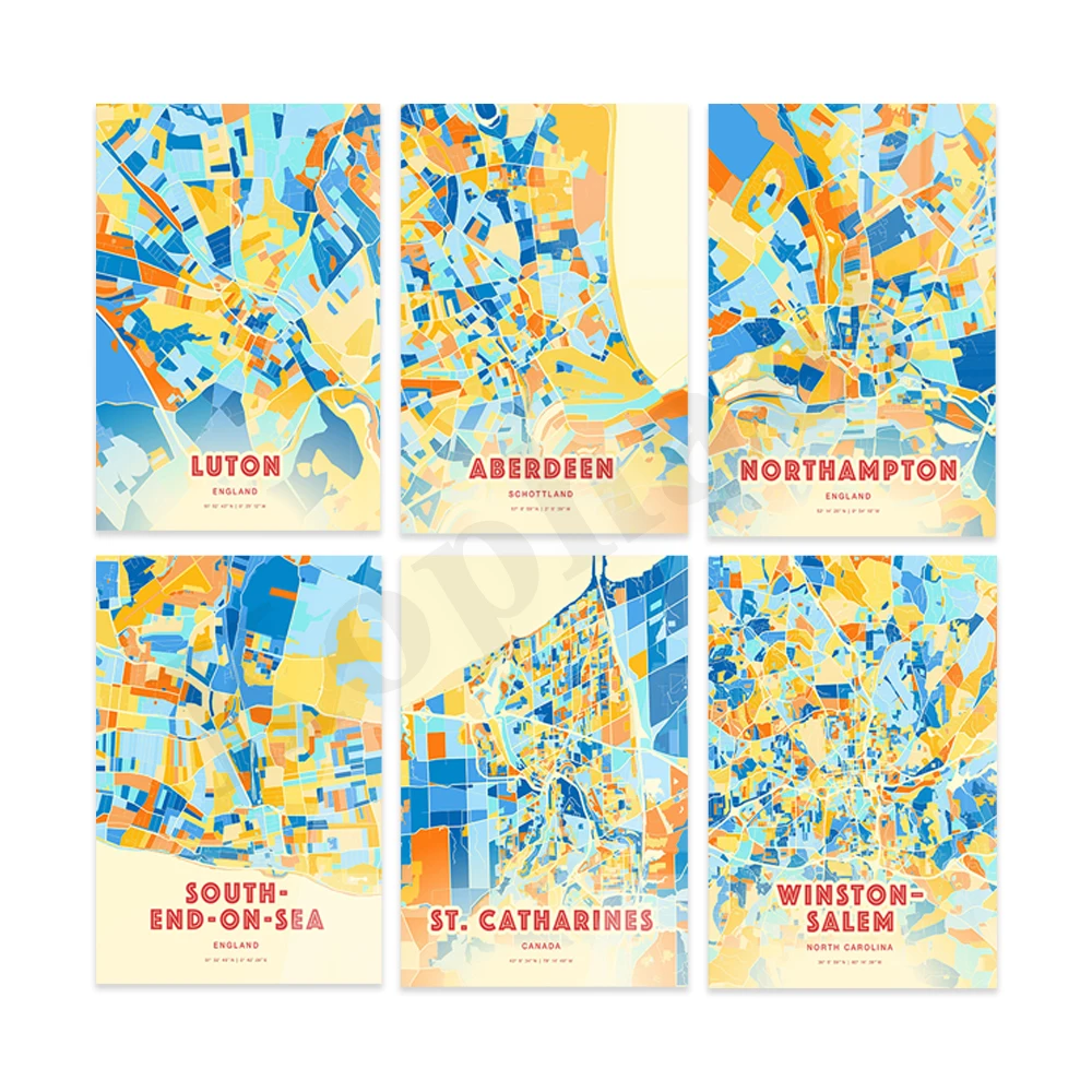 إدمونتون ساوث سيز أورورا بورياليس نيوارك نورثامبتون أبردين وارنجتون سانتا آنا لوتون بليموث. ملصق خريطة ألوان المدينة