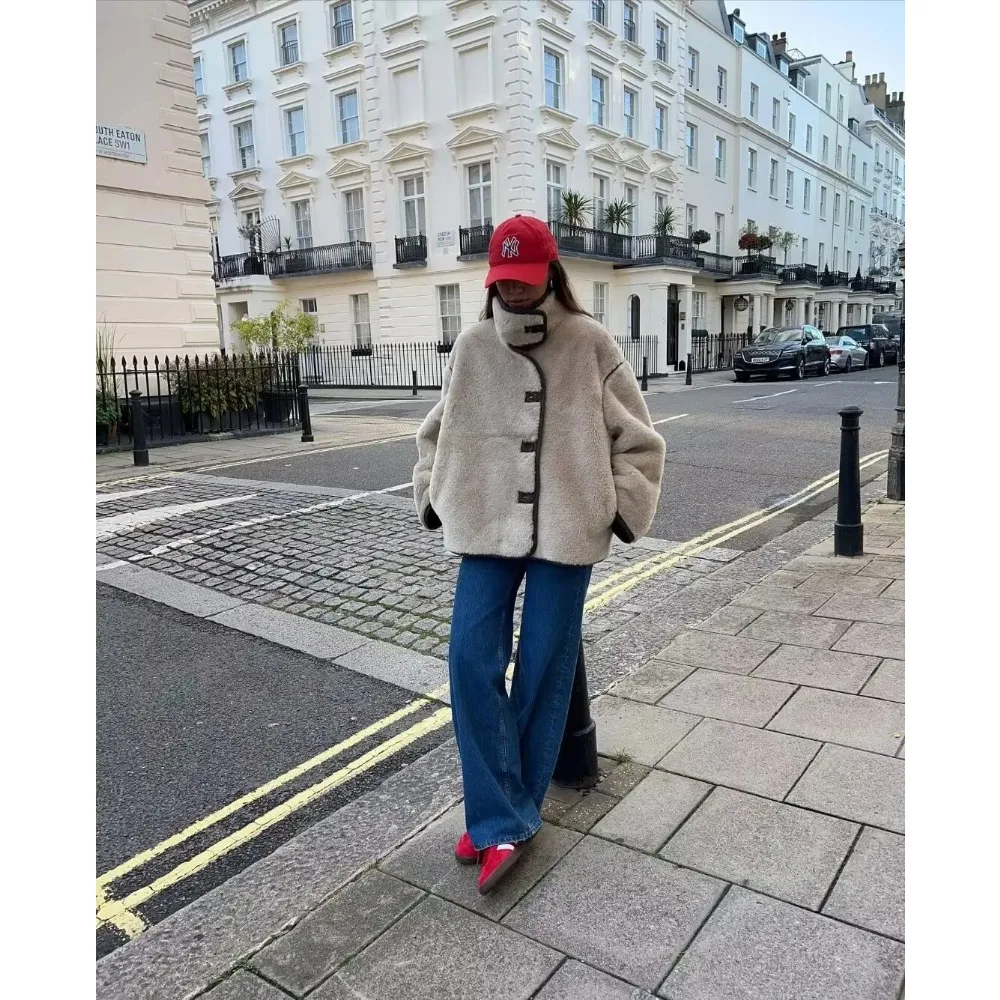 دافئ فضفاض جديد ملابس خارجية السيدات البيج كم طويل سترات رجالي الياقة المدورة الصوف امرأة معاطف علوية الإناث سميكة