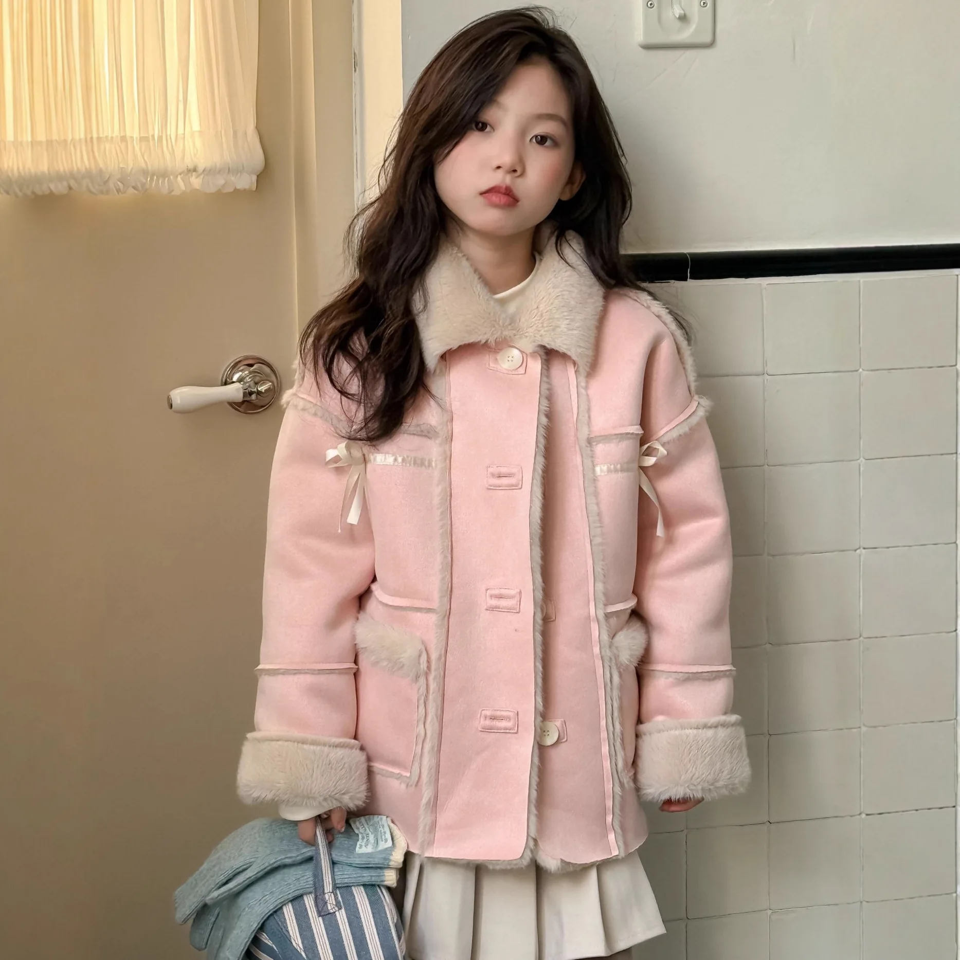 

Winter Children Girl Integrated Woolen Coat Turn Down Collar Thick Warm Kids Girls Outwear Jacket Pink Fleece Little Girls Coat