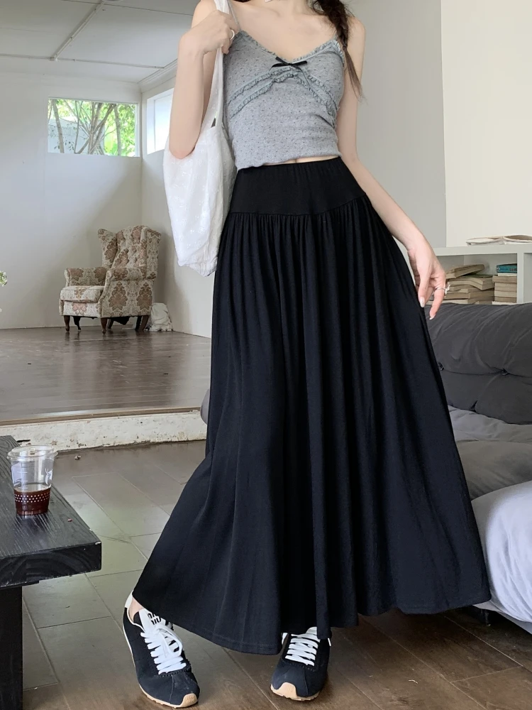 Qiukichonson Grey Black Long Skirts Womens Maxi Skirt 2024 Spring Summer Goth Vintage High Waisted A-line Ruffle Pleated Skirts