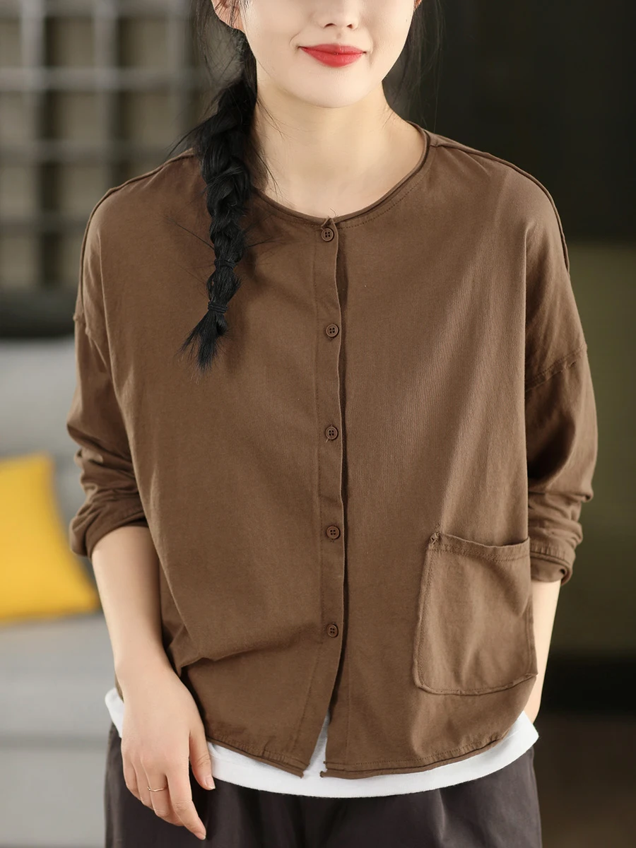 

Женская свободная рубашка-кардиган в стиле ретро с длинным рукавом, круглым вырезом и V-образным вырезом, из хлопка, на весну-лето