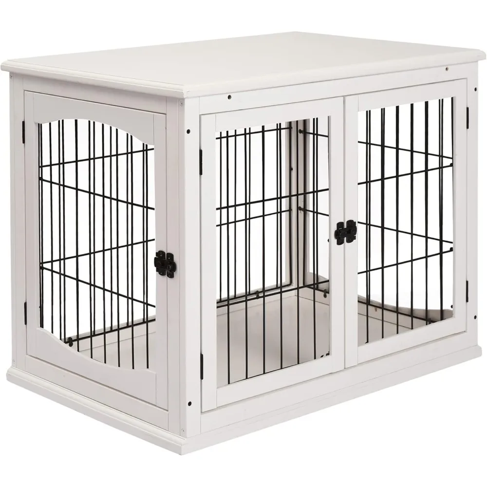 

Dog Crate Furniture, 32 Small Dog Cage End Table with 2 Doors, Lockable Door, Puppy Kennel Indoor, White