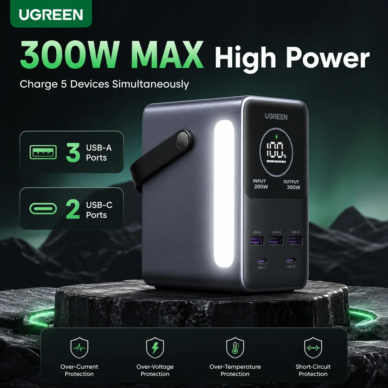 Ugreen Outdoor Power Bank - UGREEN 300W 48000mAh ポータブル充電器 パワーバンク、スマートデジタルディスプレイ、照明、SOSモード搭載、153Wh 5ポートバッテリーパック