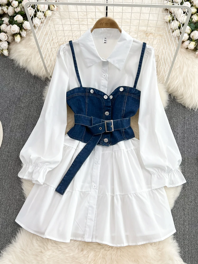 

Autumn Fashion Vintage Long Sleeved Single Breasted Shirt Dress Spring Denim Camisole Vest+lapel White Shirt Two-piece Sets