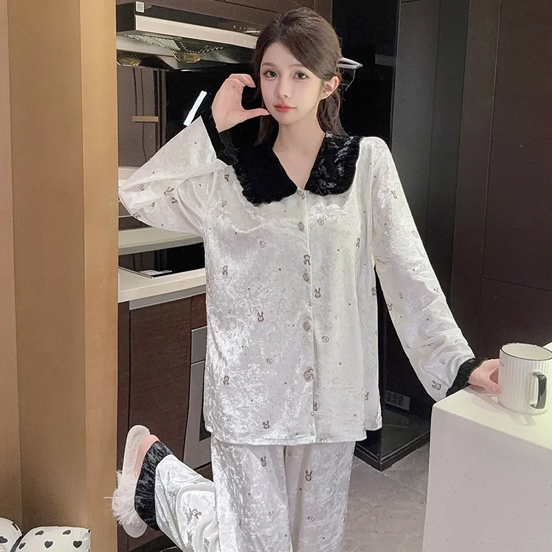 2025 جديد طالب دمية الرقبة منامة المرأة الحلو لطيف نمط غير رسمي طويلة الأكمام ملابس المنزل مجموعة موضة الراحة ملابس أنيقة