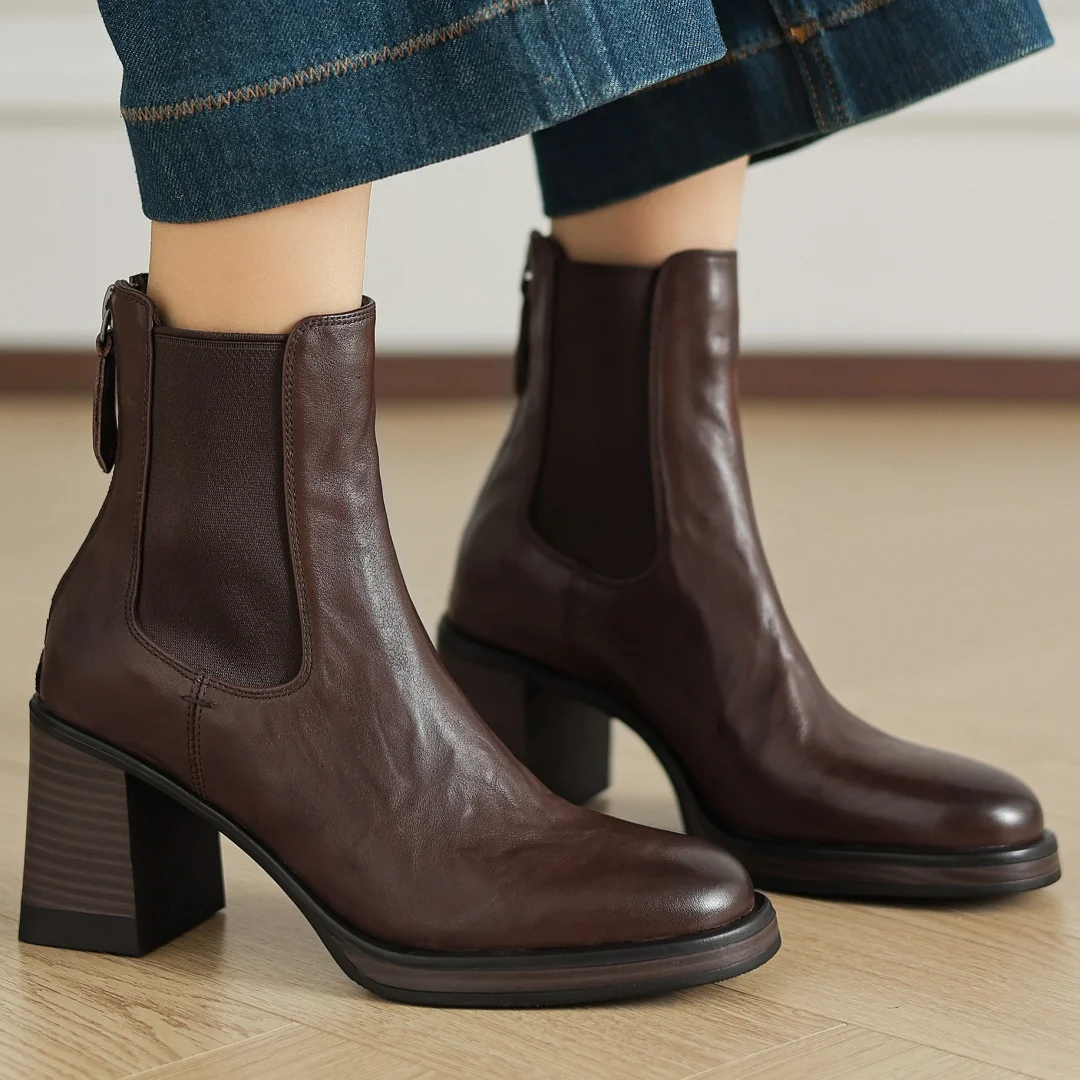 

Women's cow leather elastic fabric patchwork back zip autumn ankle Chelsea boots 7.5cm chunky heel platform punk short booties