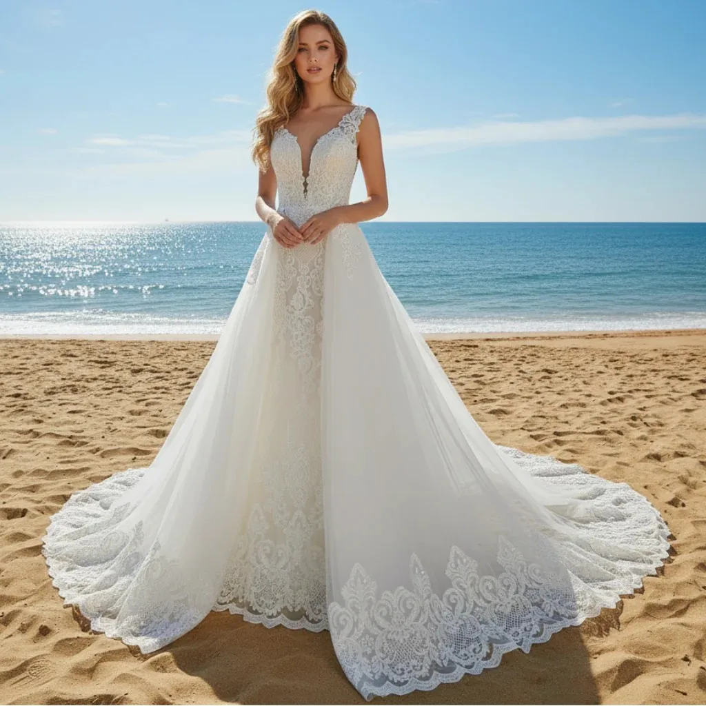 

Rosymae Кружевное свадебное платье с глубоким v-образным вырезом и съемной тюлевой верхней юбкой, облегающее свадебное платье с кружевной аппликацией и силуэтом