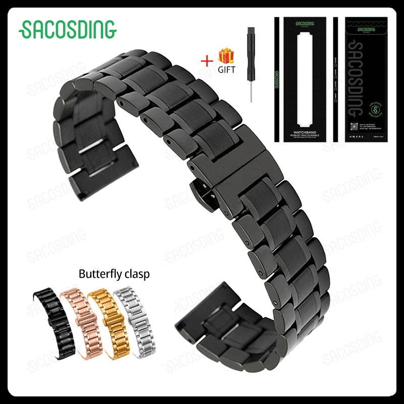 【SACOSDING】Solid Stainless Steel Watch Strap Double Press Butterfly clasp watch band 18mm 20mm 22mm Vacuum IP Plating （Black）